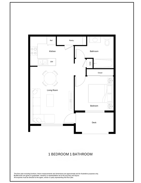 Floor plan for 1 bed, 1 bath, 613 sqft